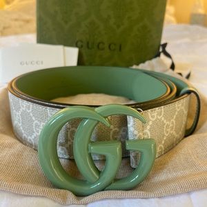 GUCCI GG Marmont Wide Belt - White Beige & Green GG Supreme women’s belt